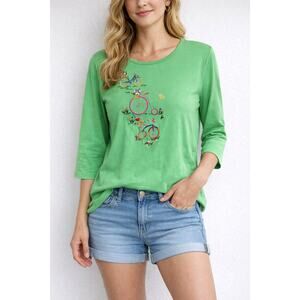 Quacker Factory green embroidered and embellished bicycle 3/4 sleeve top Size L